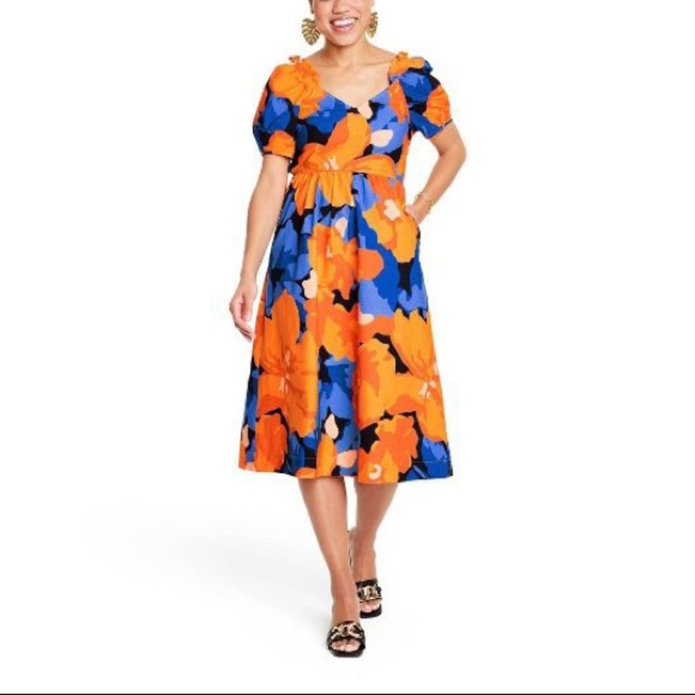NWOT Tabitha Brown for Target Floral Print Puff Sleeve Tie-Back Midi Dress
